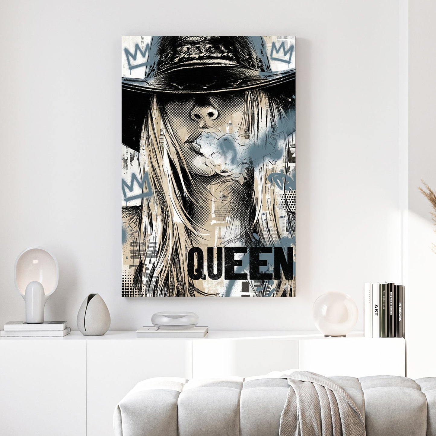 Woman wearing fedora hat with crown imagery, pop art portrait