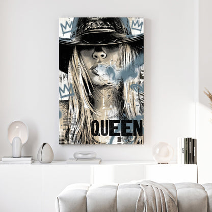 Woman wearing fedora hat with crown imagery, pop art portrait