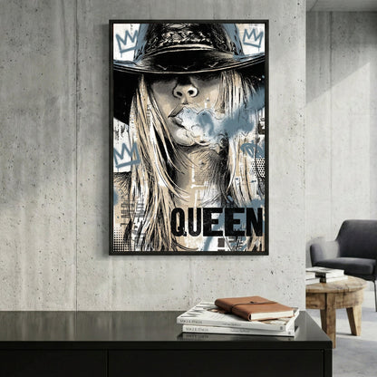 Woman wearing fedora hat with crown imagery, pop art portrait