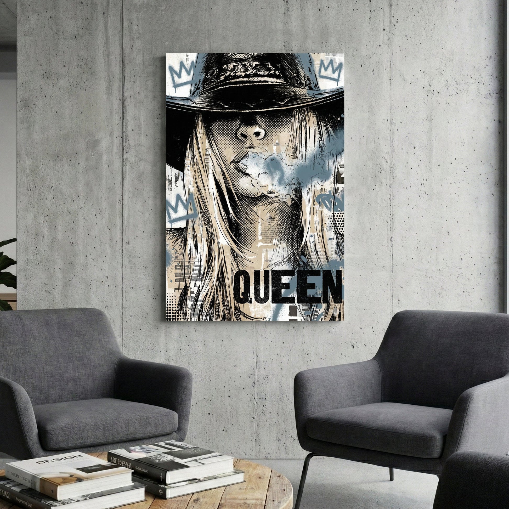 Woman wearing fedora hat with crown imagery, pop art portrait