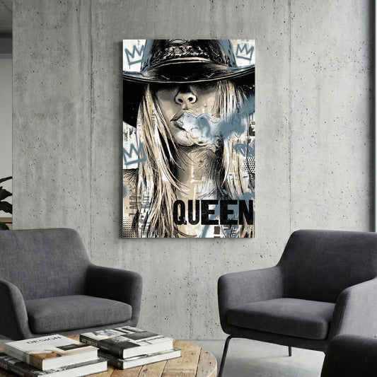 Woman wearing fedora hat with crown imagery, pop art portrait