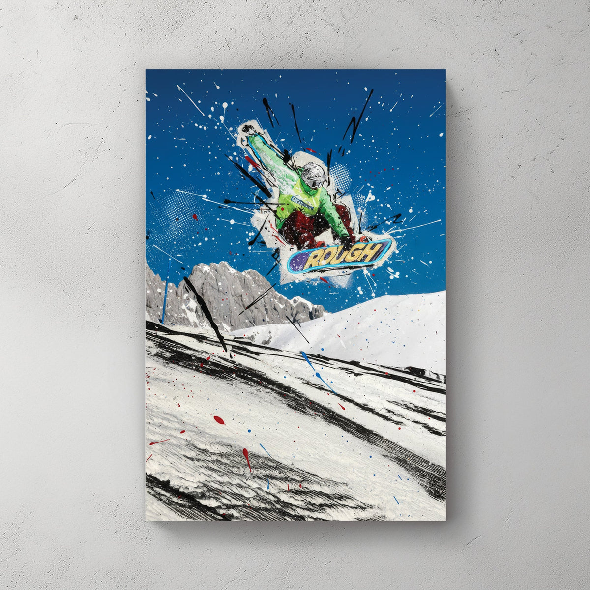 Snowboarder mid-air against blue sky with green and white paint splatters and line work