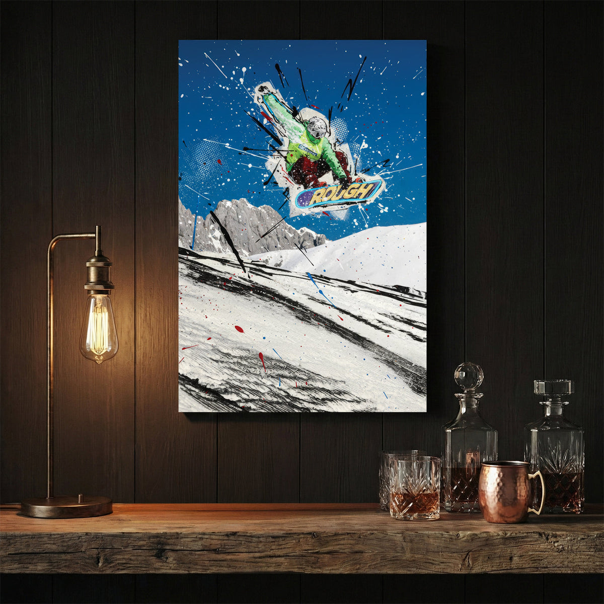 Snowboarder mid-air against blue sky with green and white paint splatters and line work