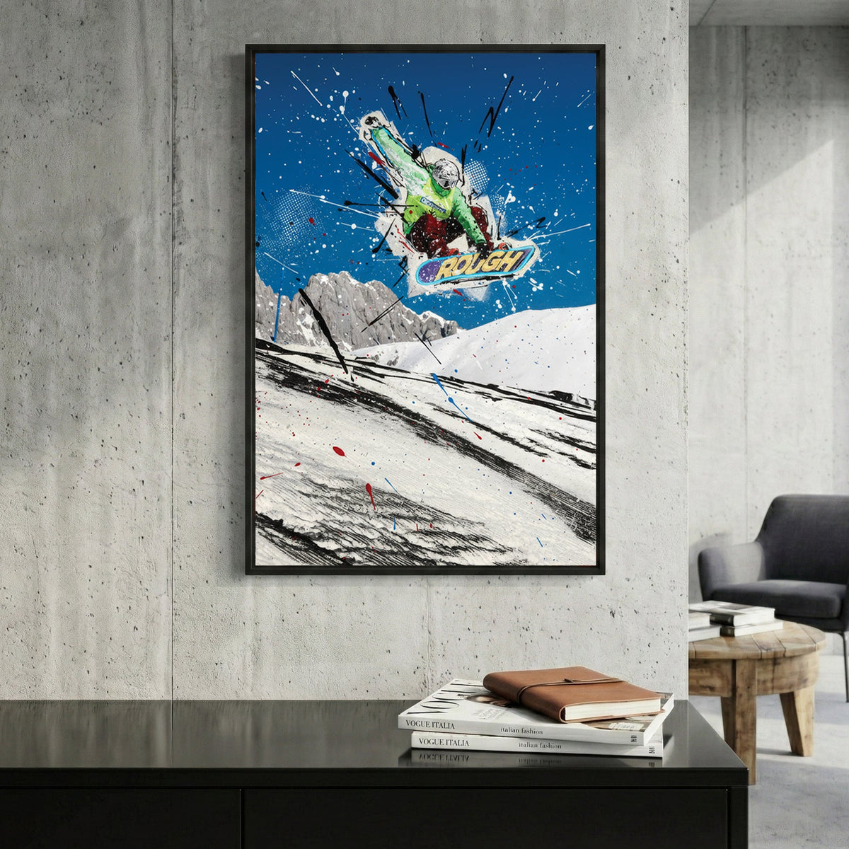 Snowboarder mid-air against blue sky with green and white paint splatters and line work