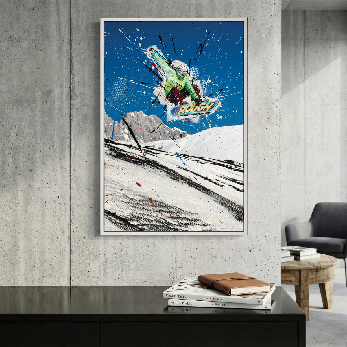 Snowboarder mid-air against blue sky with green and white paint splatters and line work