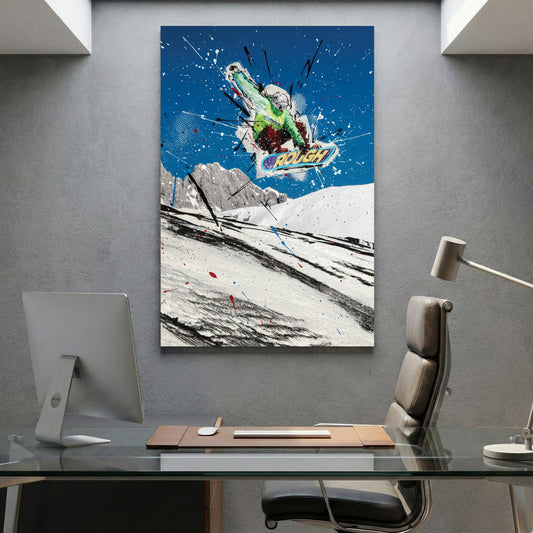 Snowboarder mid-air against blue sky with green and white paint splatters and line work