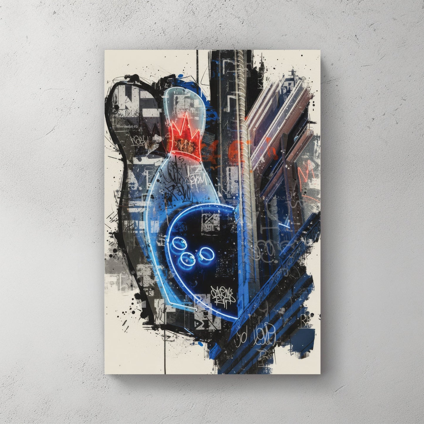 Vintage bowling alley sign street art with blue neon, red accents, and geometric shapes