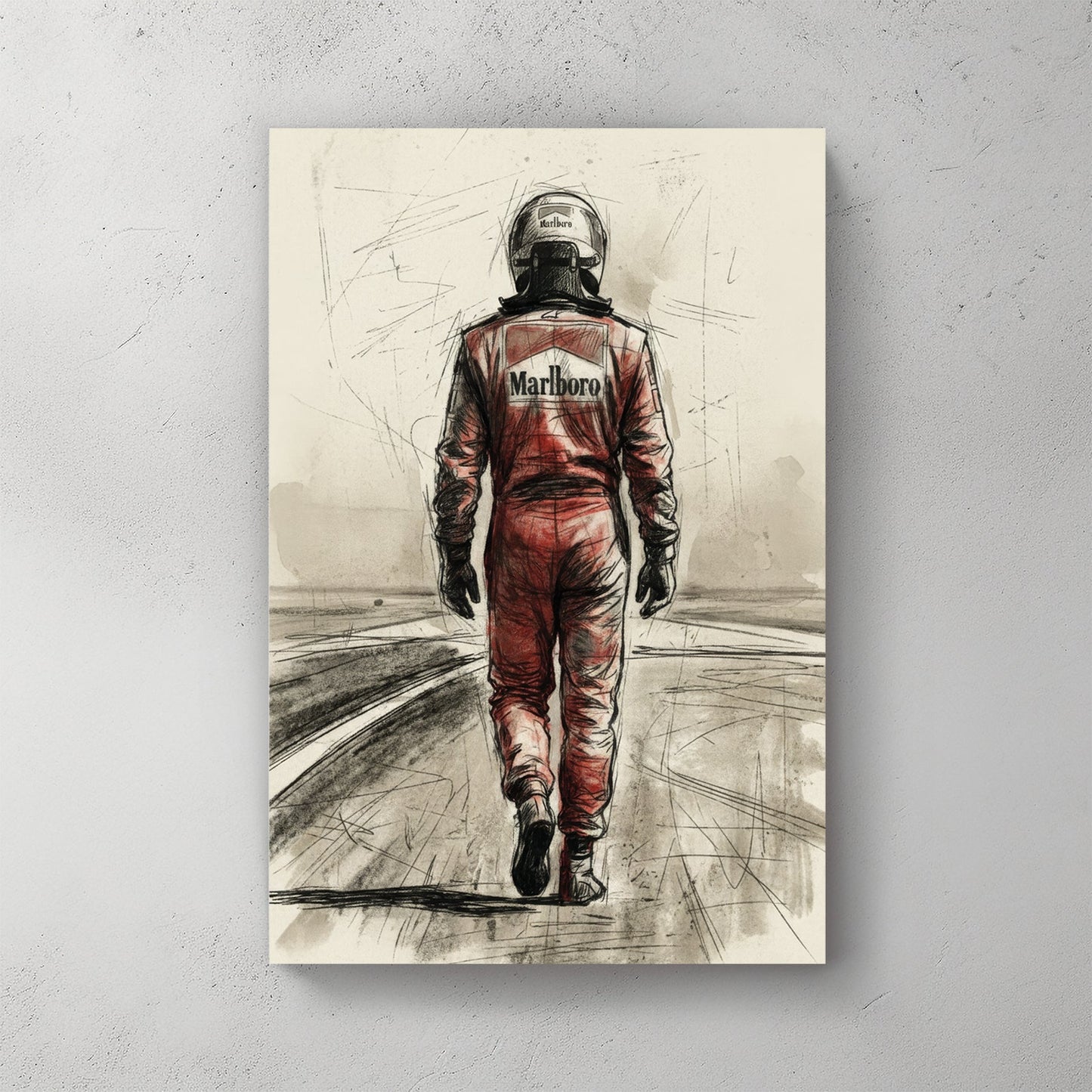 Michael Schumacher in racing suit viewed from behind on racetrack, sketch style portrait