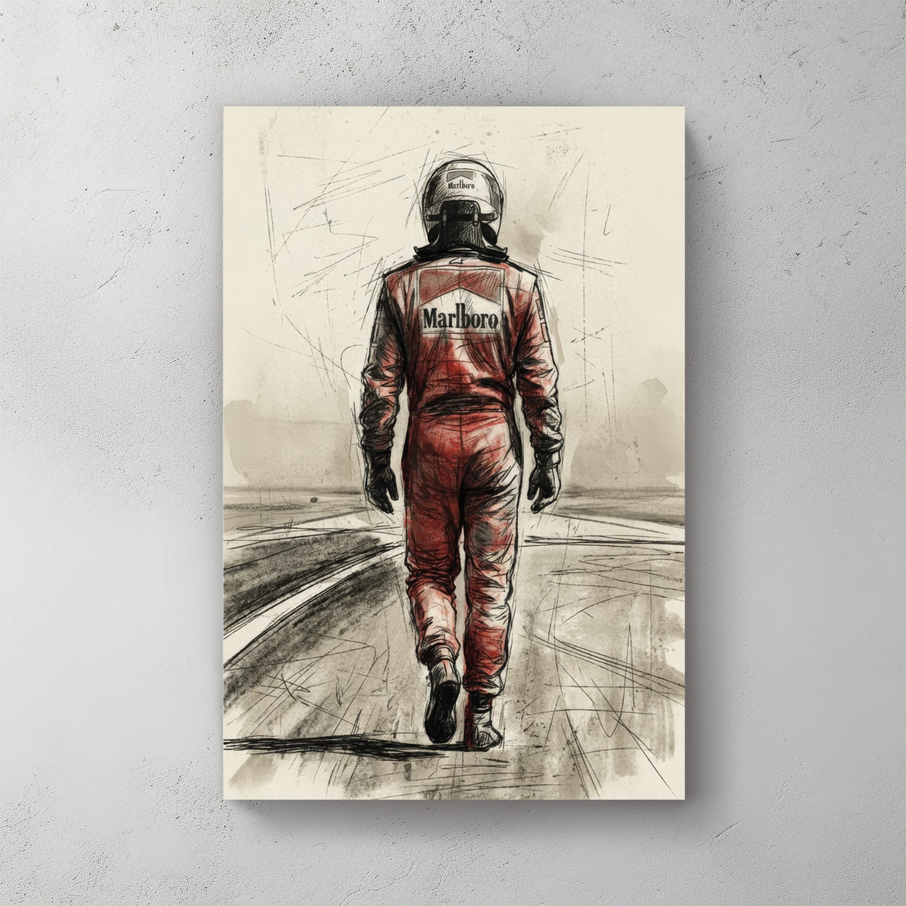 Michael Schumacher in racing suit viewed from behind on racetrack, sketch style portrait