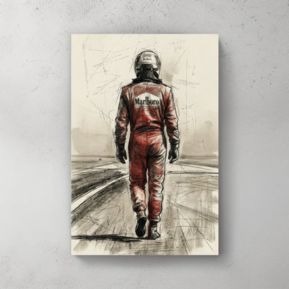 Michael Schumacher in racing suit viewed from behind on racetrack, sketch style portrait
