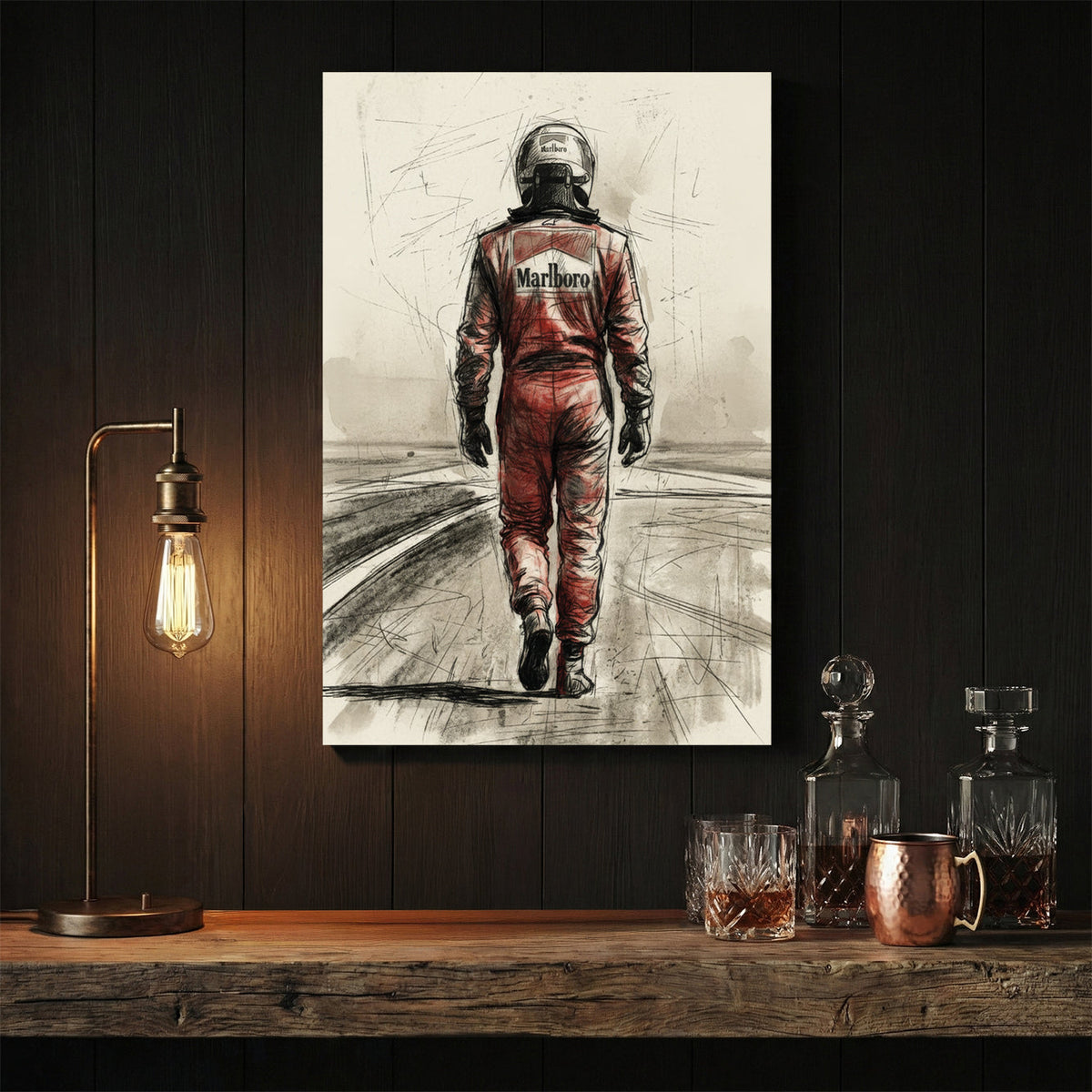Michael Schumacher in racing suit viewed from behind on racetrack, sketch style portrait