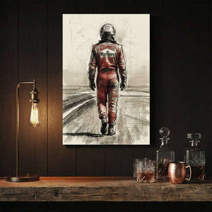 Michael Schumacher in racing suit viewed from behind on racetrack, sketch style portrait