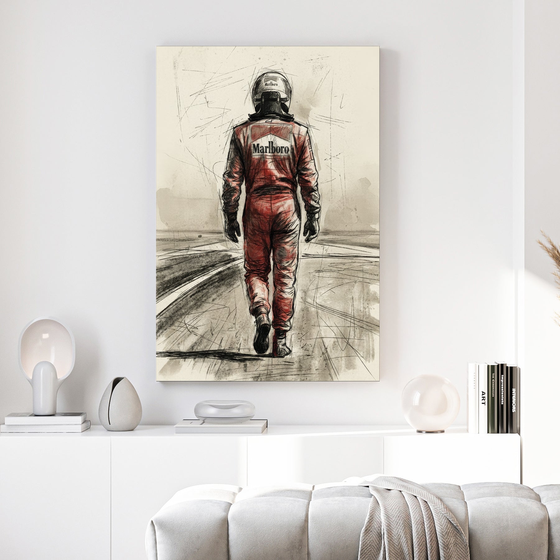 Michael Schumacher in racing suit viewed from behind on racetrack, sketch style portrait