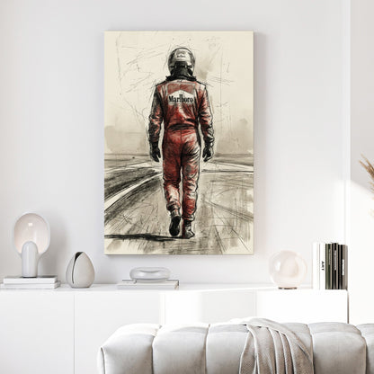 Michael Schumacher in racing suit viewed from behind on racetrack, sketch style portrait