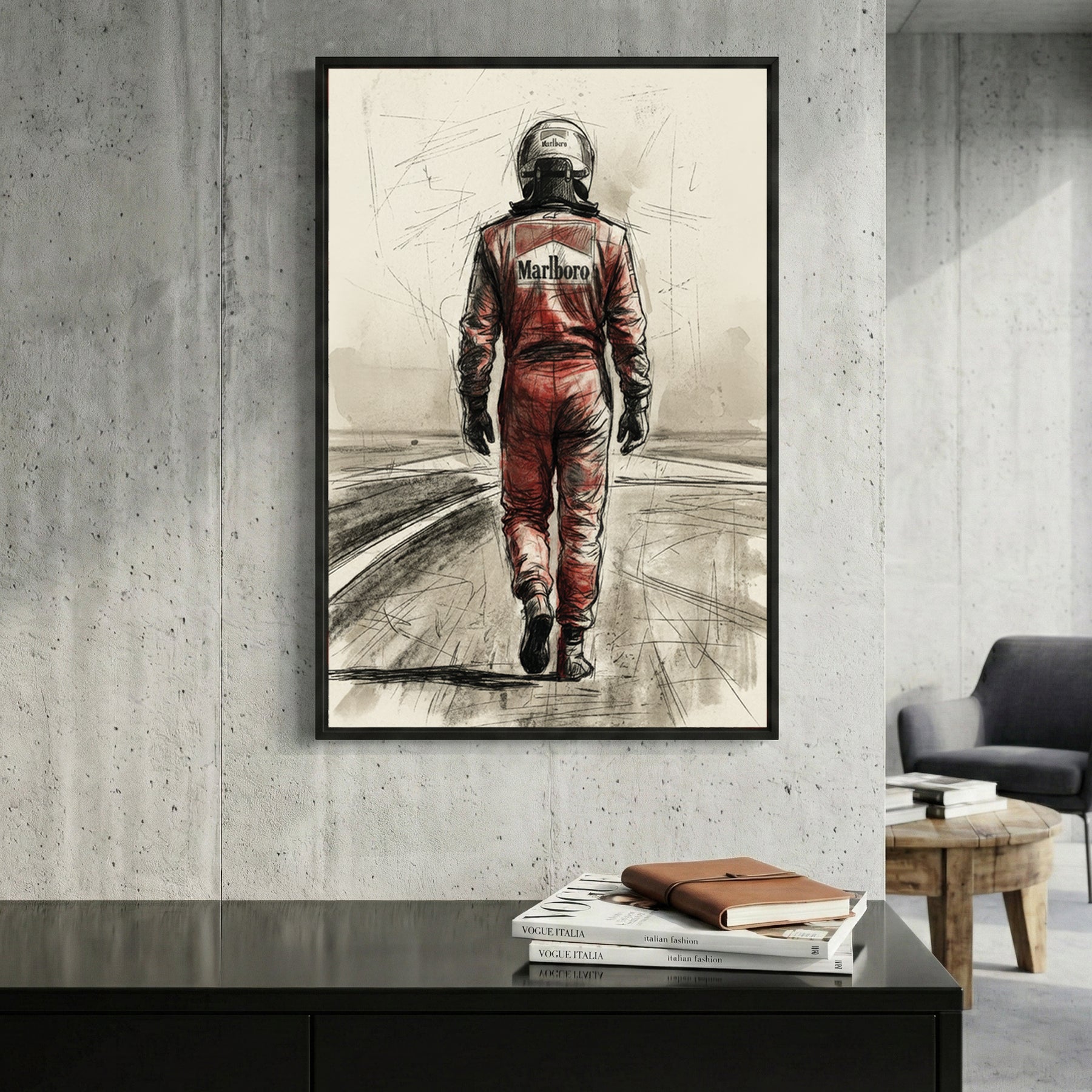 Michael Schumacher in racing suit viewed from behind on racetrack, sketch style portrait