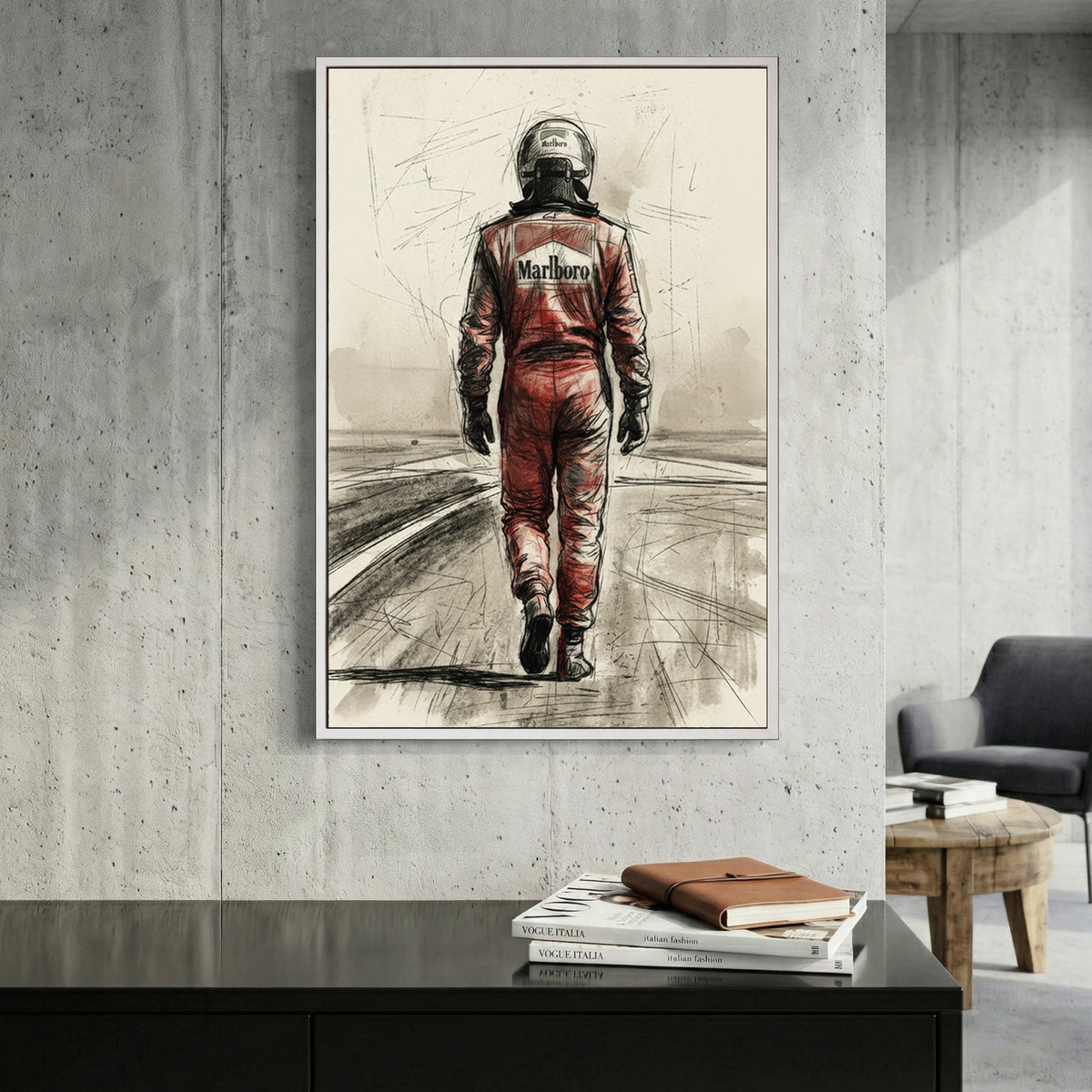Michael Schumacher in racing suit viewed from behind on racetrack, sketch style portrait