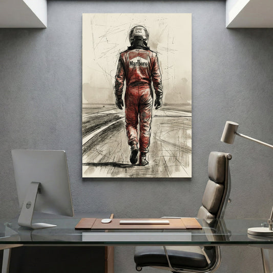Michael Schumacher in racing suit viewed from behind on racetrack, sketch style portrait