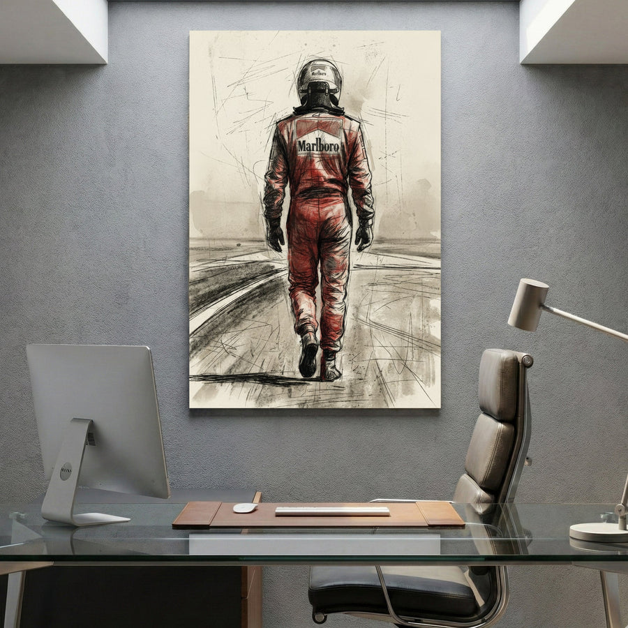 Michael Schumacher in racing suit viewed from behind on racetrack, sketch style portrait