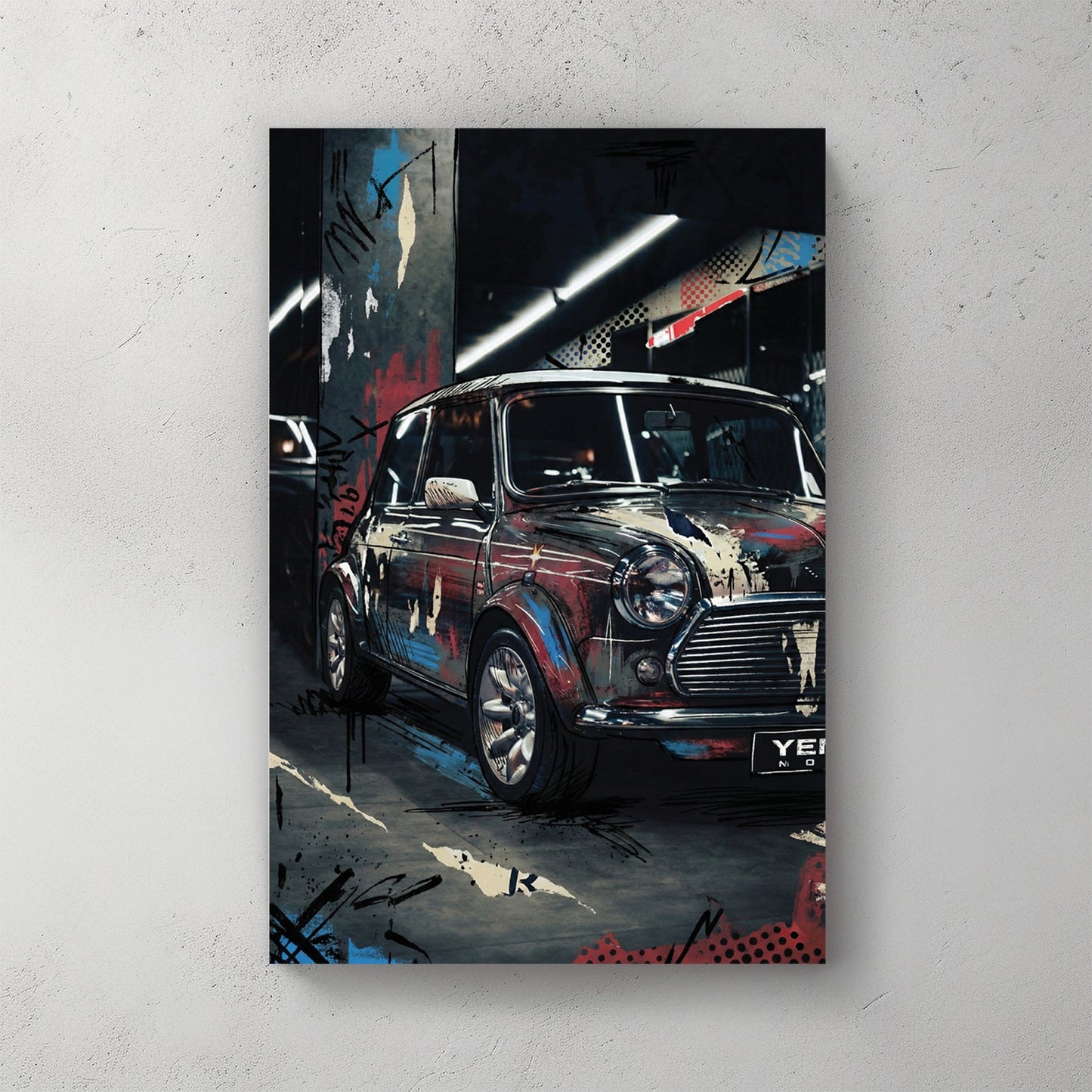 Classic Mini Cooper with graffiti and street art overlay