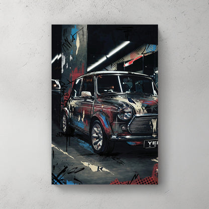 Classic Mini Cooper with graffiti and street art overlay