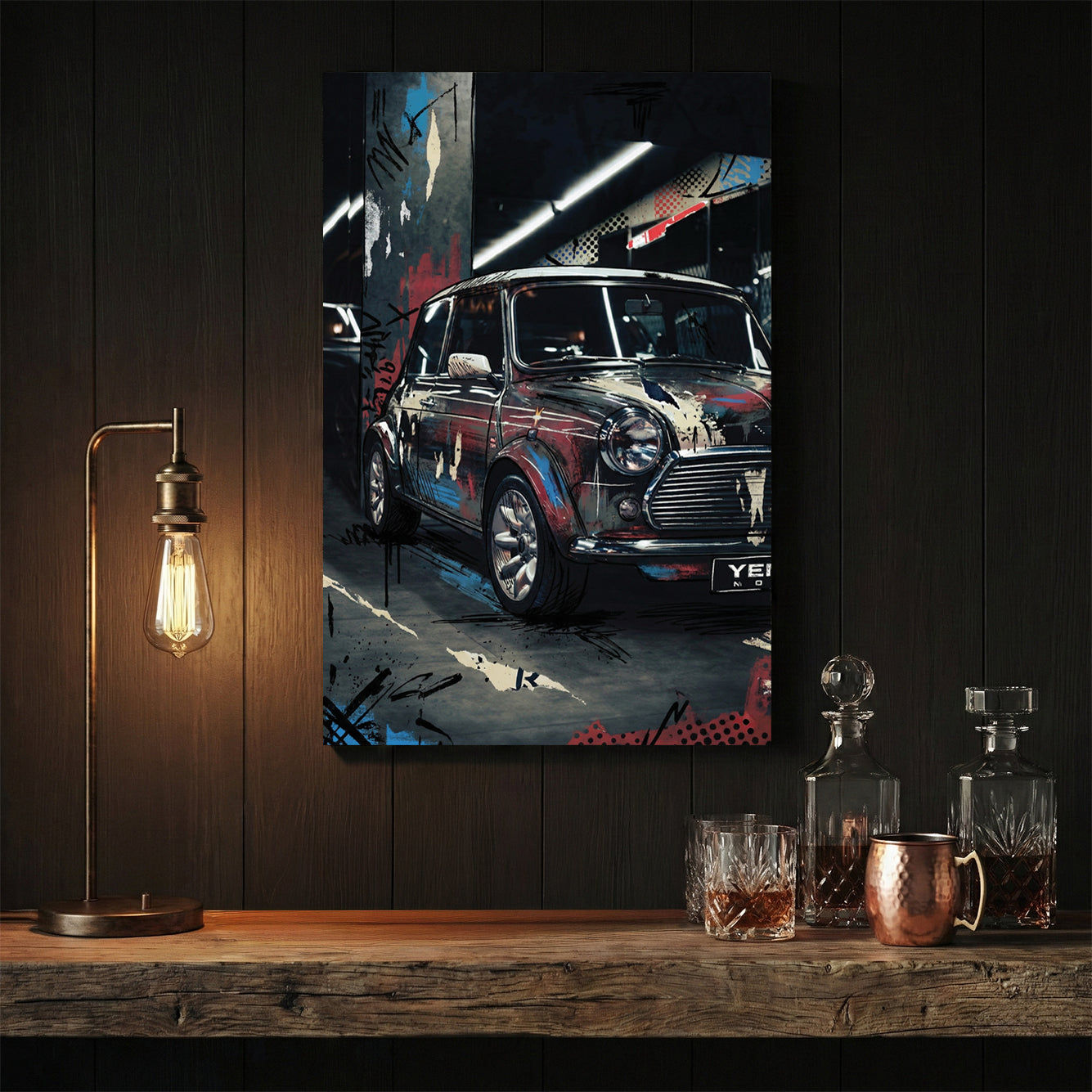 Classic Mini Cooper with graffiti and street art overlay