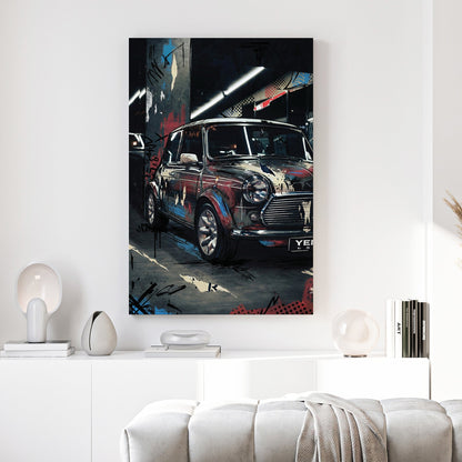 Classic Mini Cooper with graffiti and street art overlay