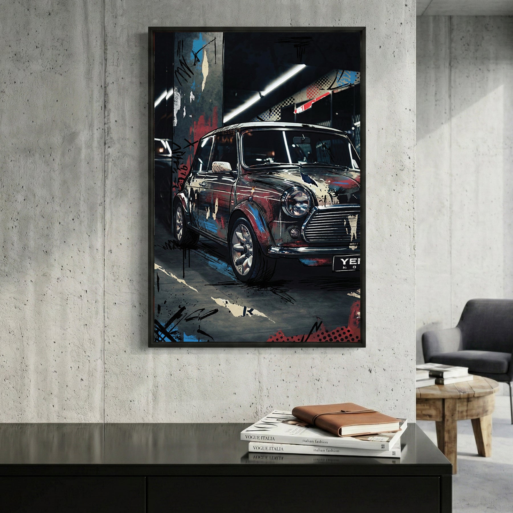 Classic Mini Cooper with graffiti and street art overlay