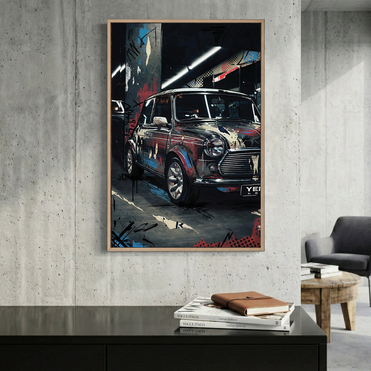 Classic Mini Cooper with graffiti and street art overlay