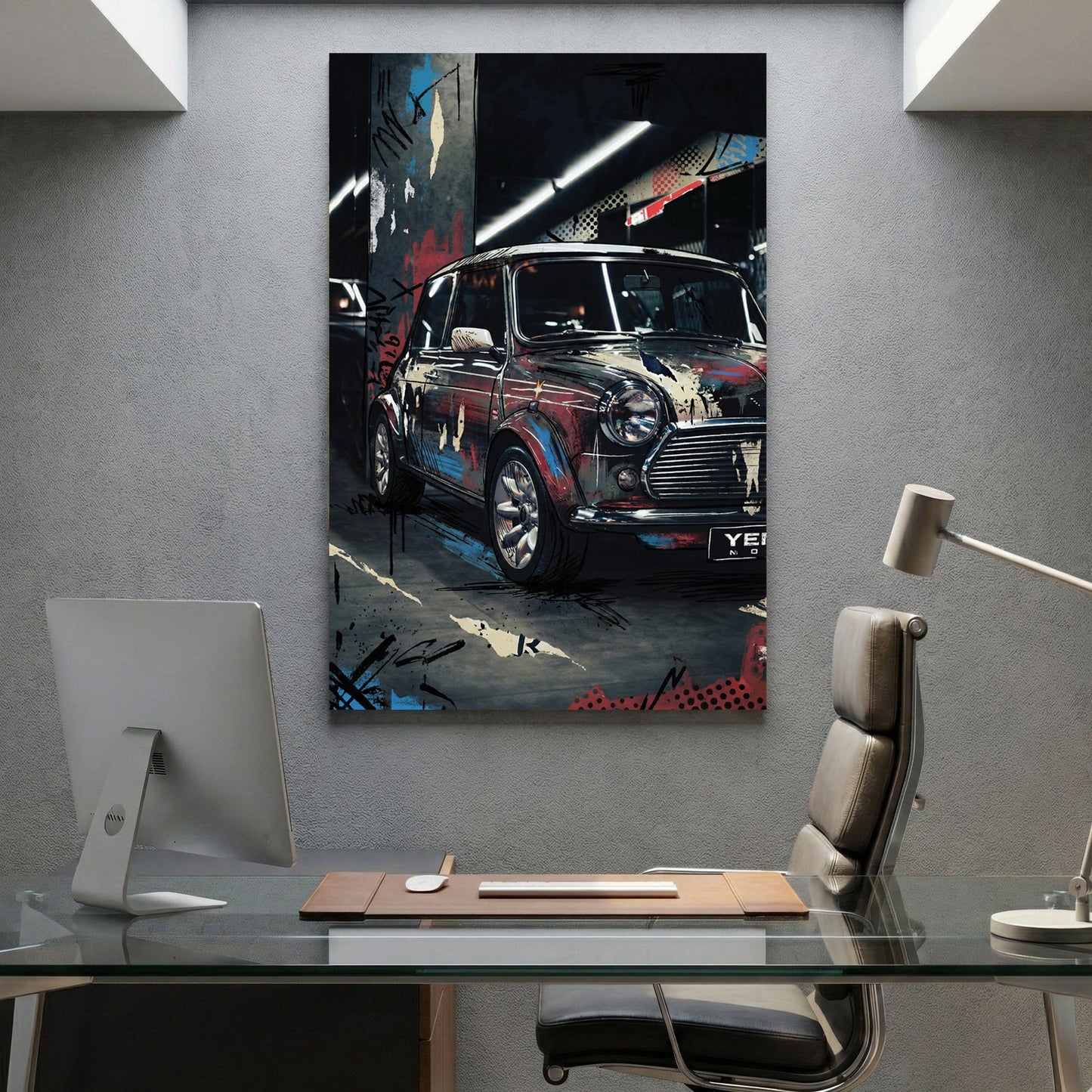 Classic Mini Cooper with graffiti and street art overlay
