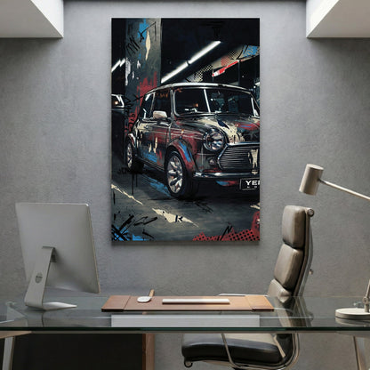 Classic Mini Cooper with graffiti and street art overlay