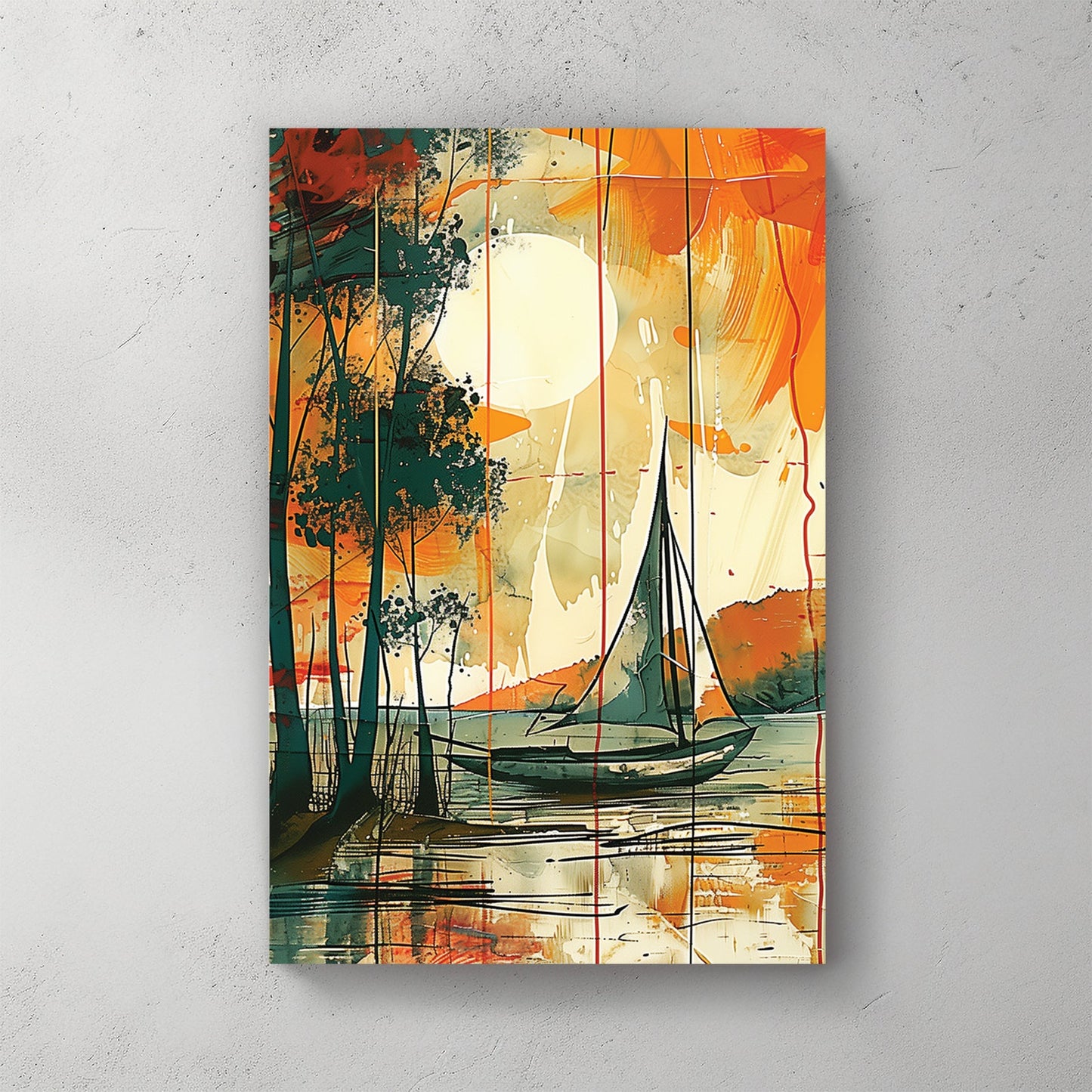 Sailboat on water at sunset with watercolour landscape