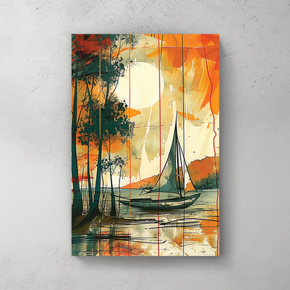 Sailboat on water at sunset with watercolour landscape