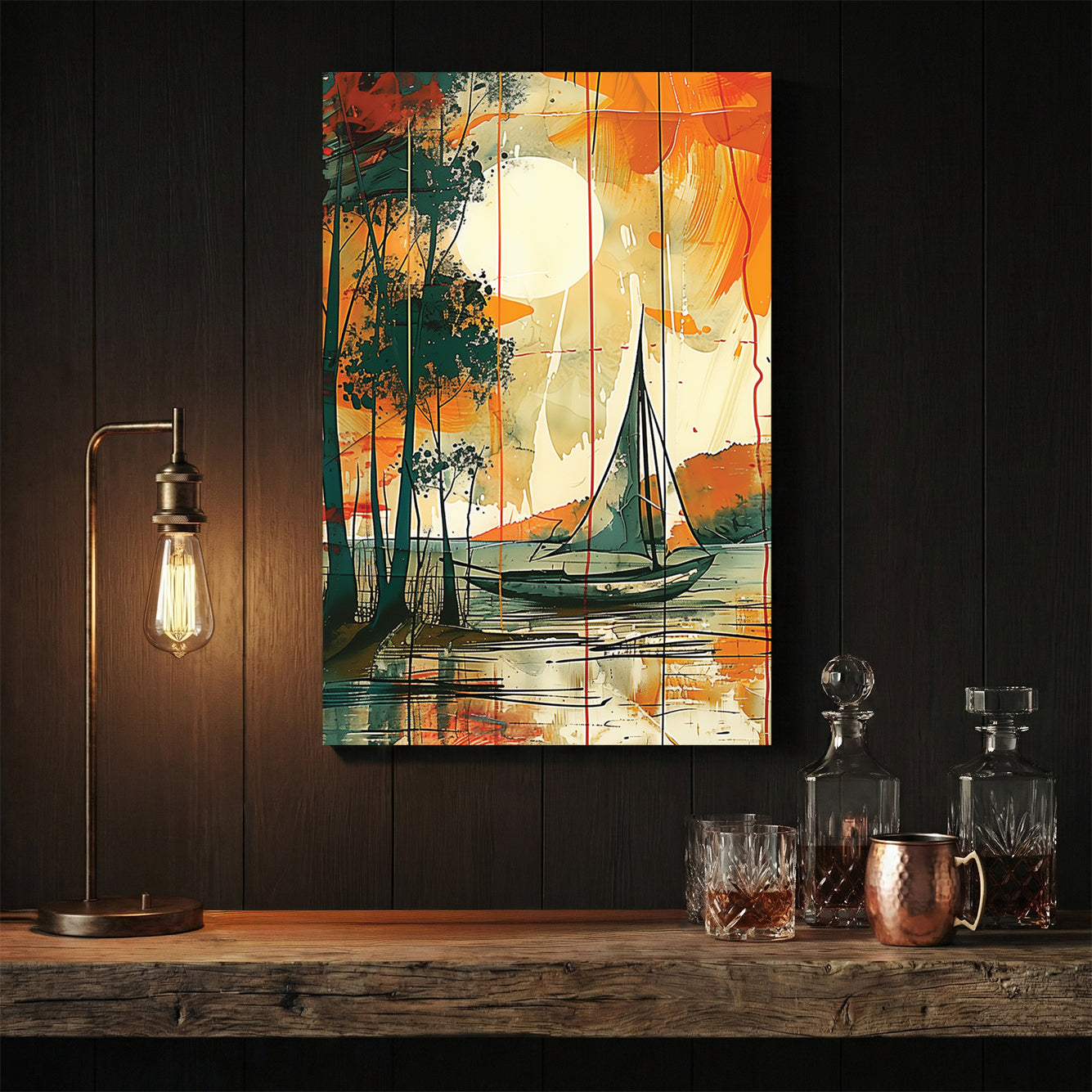 Sailboat on water at sunset with watercolour landscape
