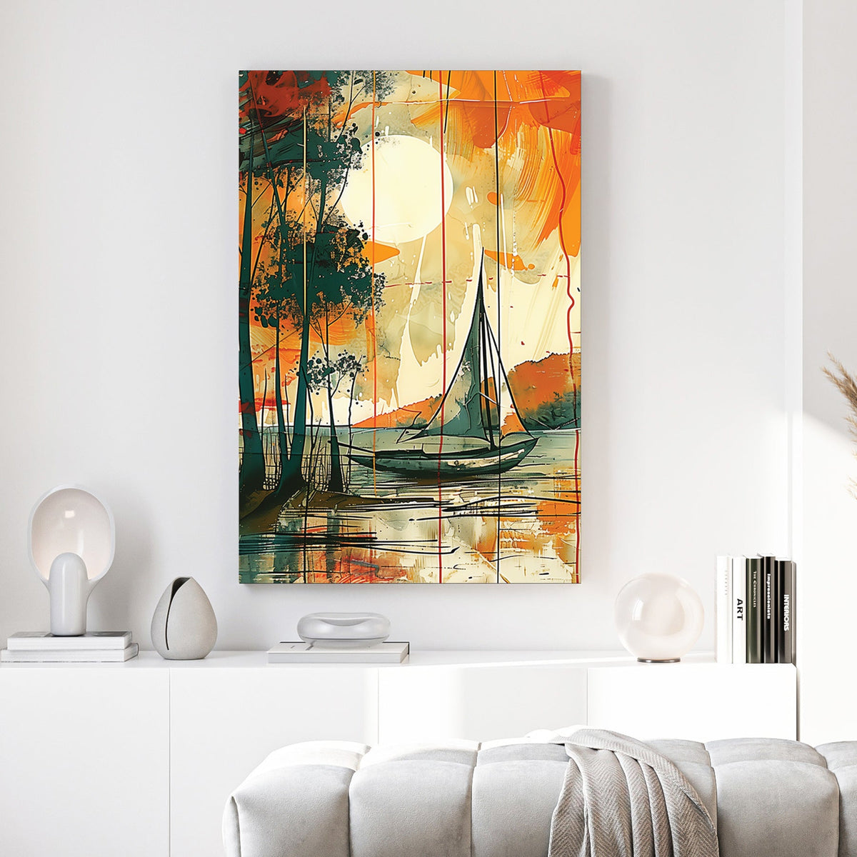 Sailboat on water at sunset with watercolour landscape
