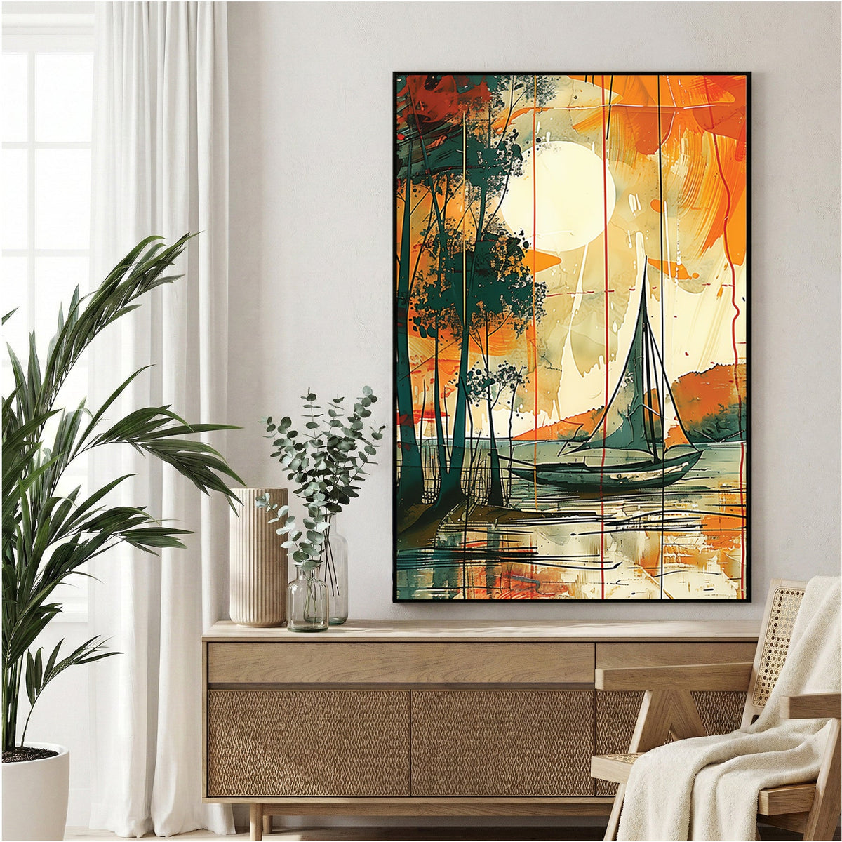 Sailboat on water at sunset with watercolour landscape