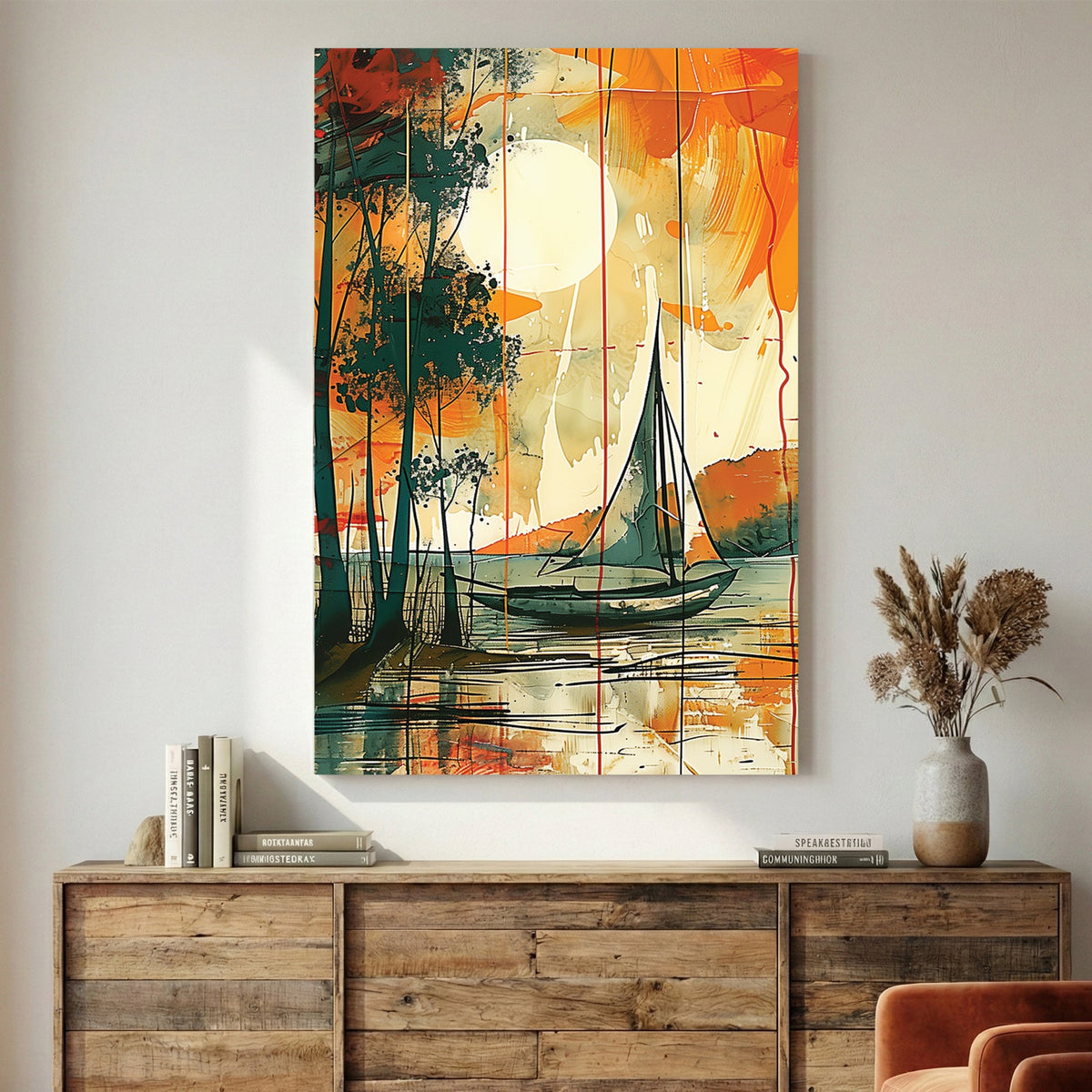 Sailboat on water at sunset with watercolour landscape
