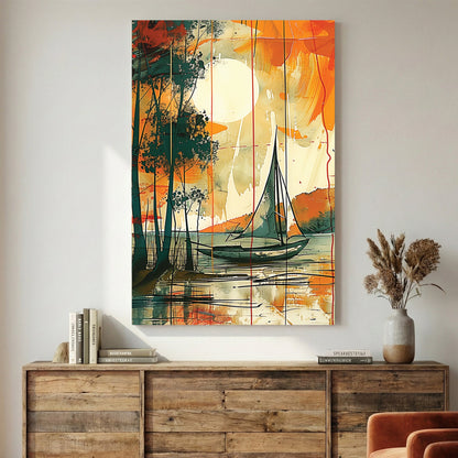 Sailboat on water at sunset with watercolour landscape