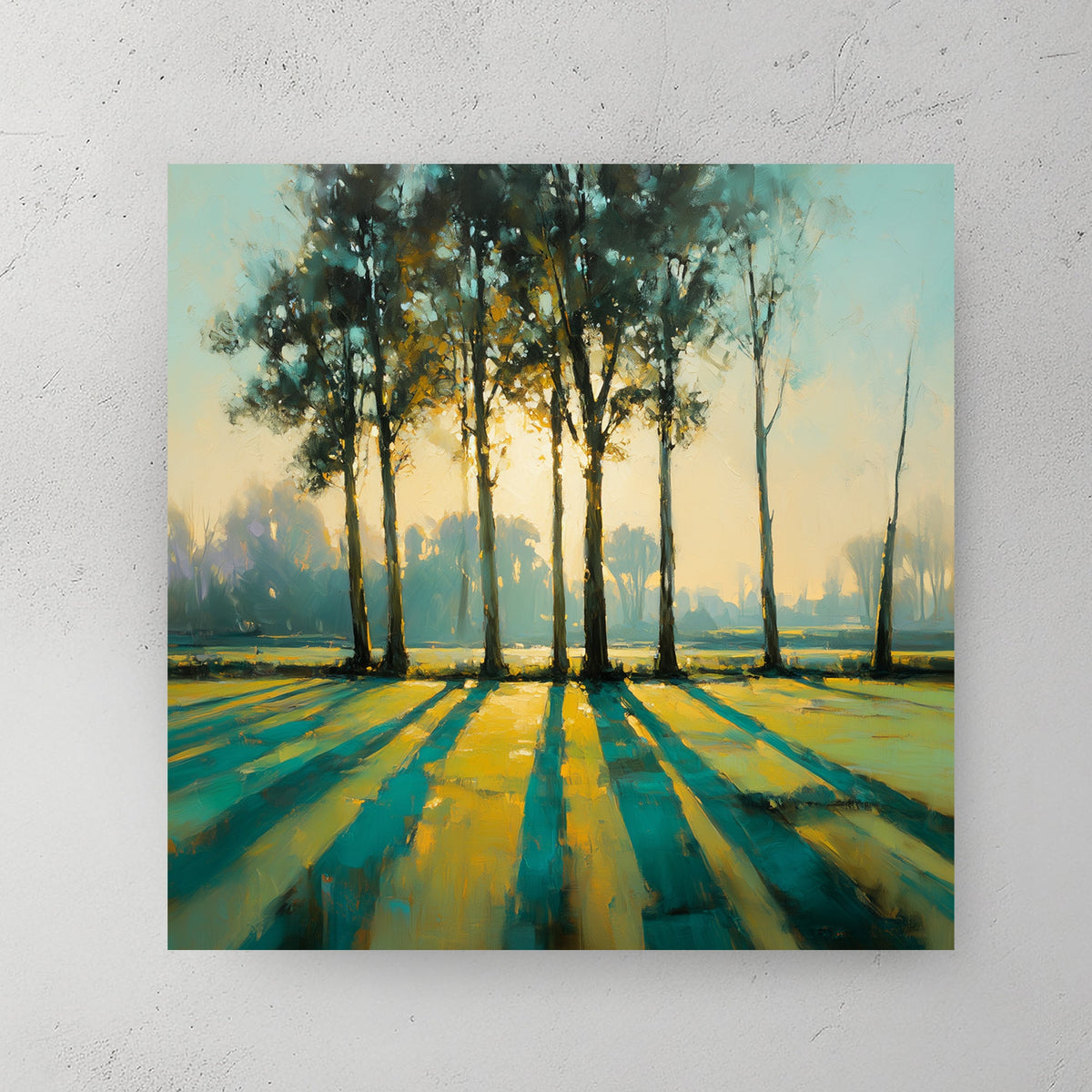 Autumn forest trees long shadows golden teal landscape wall art