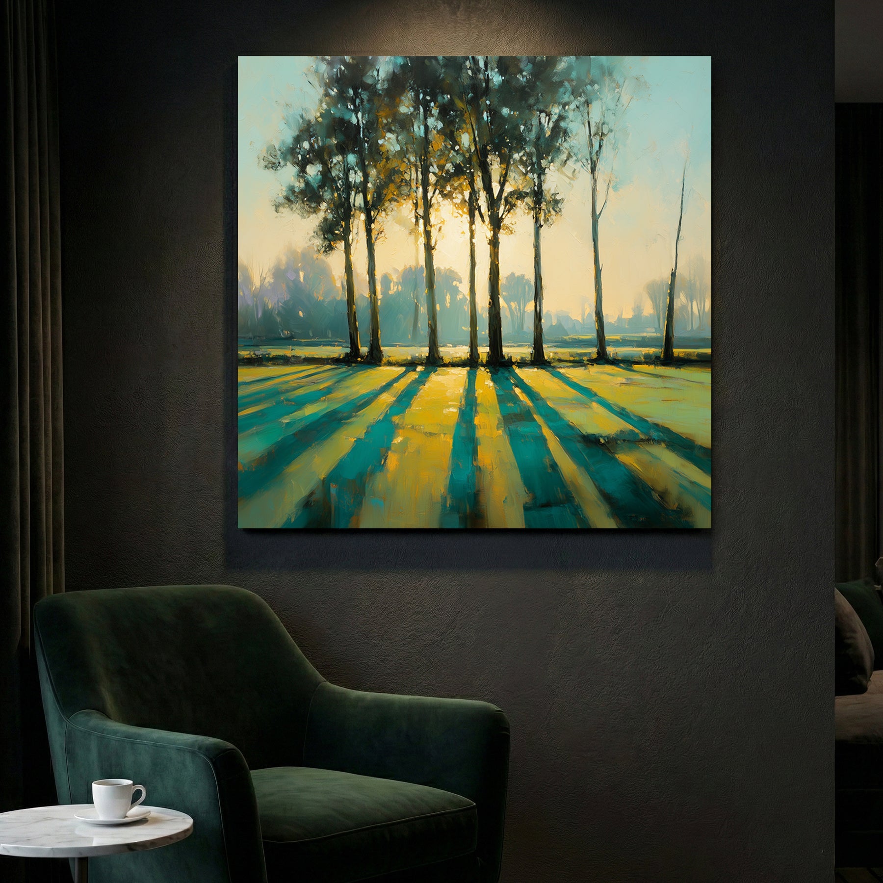 Autumn forest trees long shadows golden teal landscape wall art