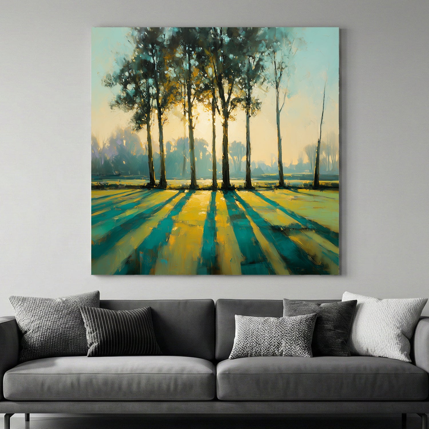 Autumn forest trees long shadows golden teal landscape wall art
