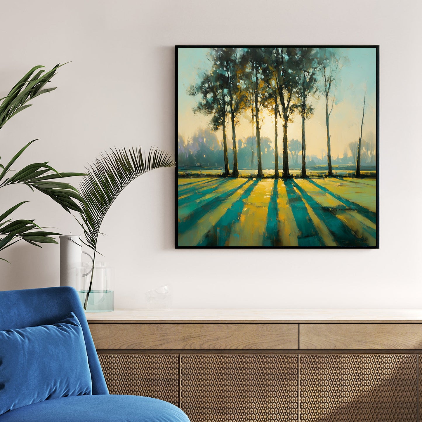 Autumn forest trees long shadows golden teal landscape wall art