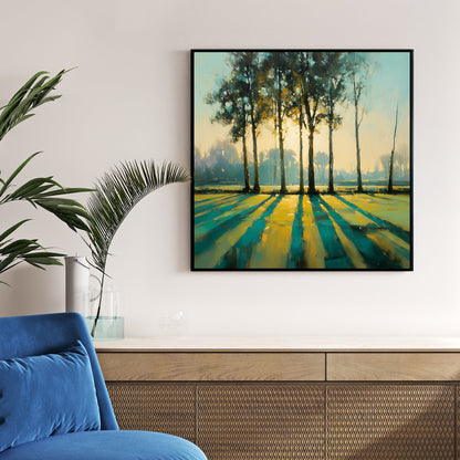 Autumn forest trees long shadows golden teal landscape wall art