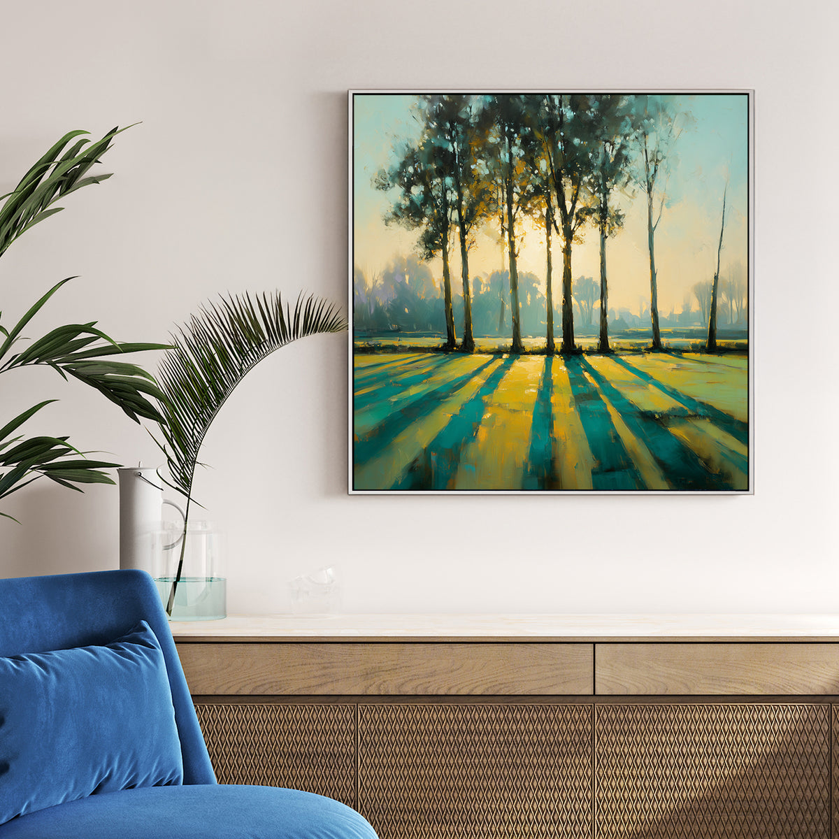 Autumn forest trees long shadows golden teal landscape wall art