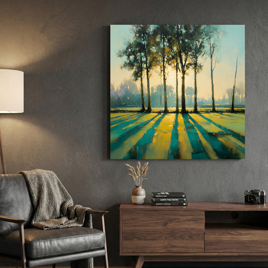Autumn forest trees long shadows golden teal landscape wall art