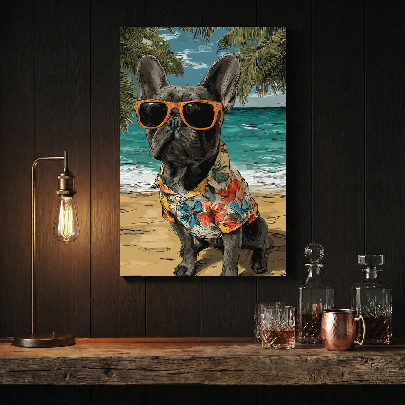French Bulldog beach dog tropical sunglasses Hawaiian wall art