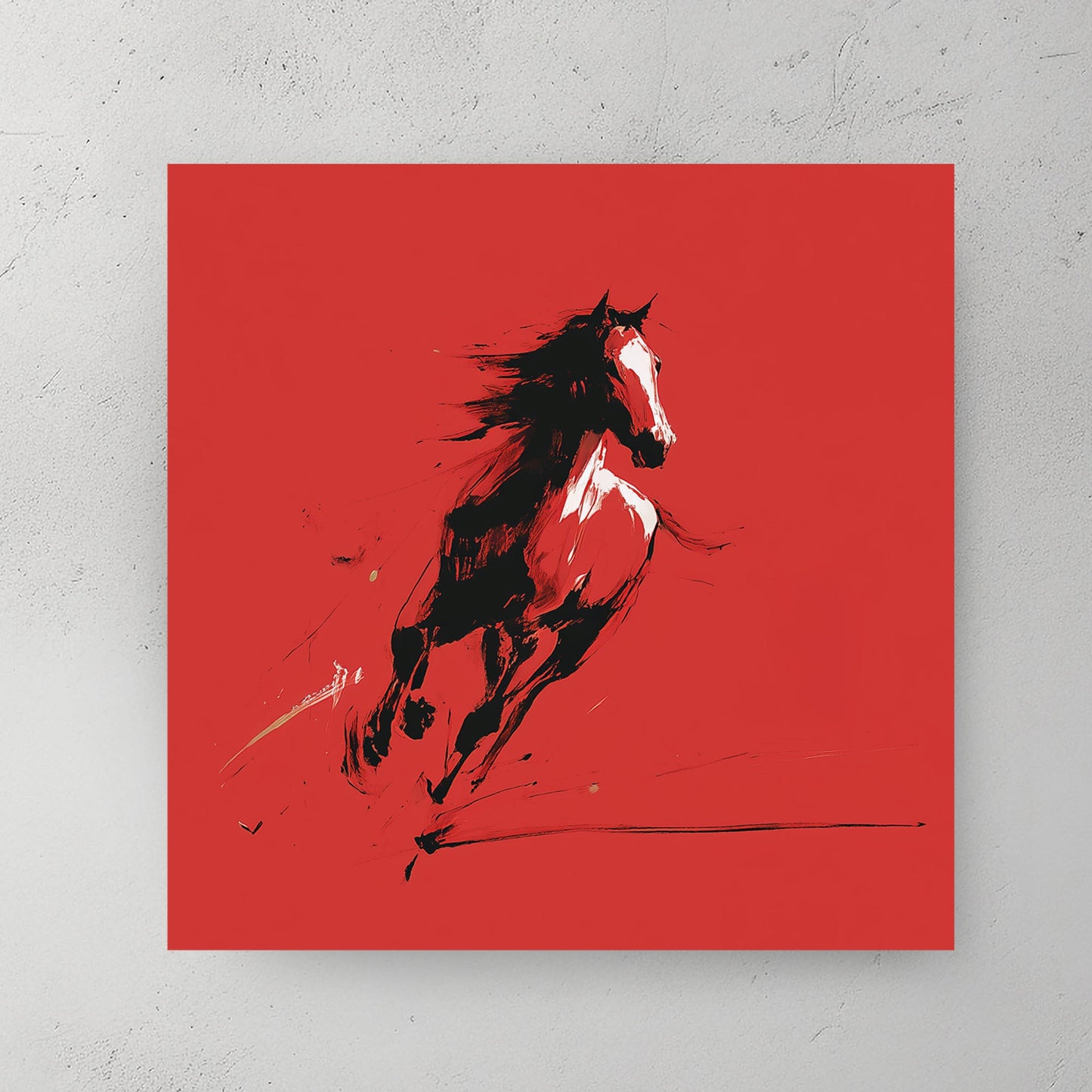 Wild horse Japanese ink art red background calligraphy wall art