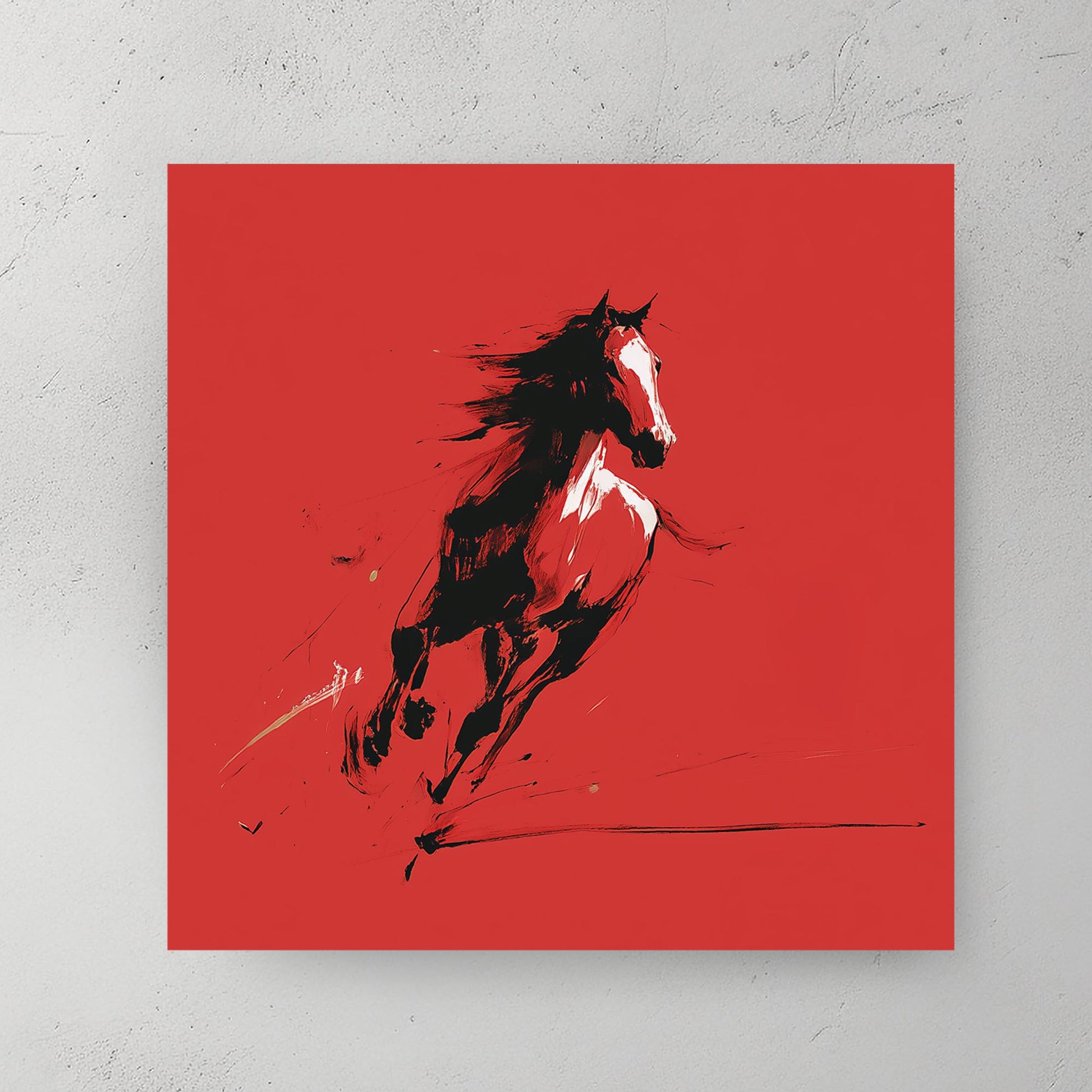 Wild horse Japanese ink art red background calligraphy wall art