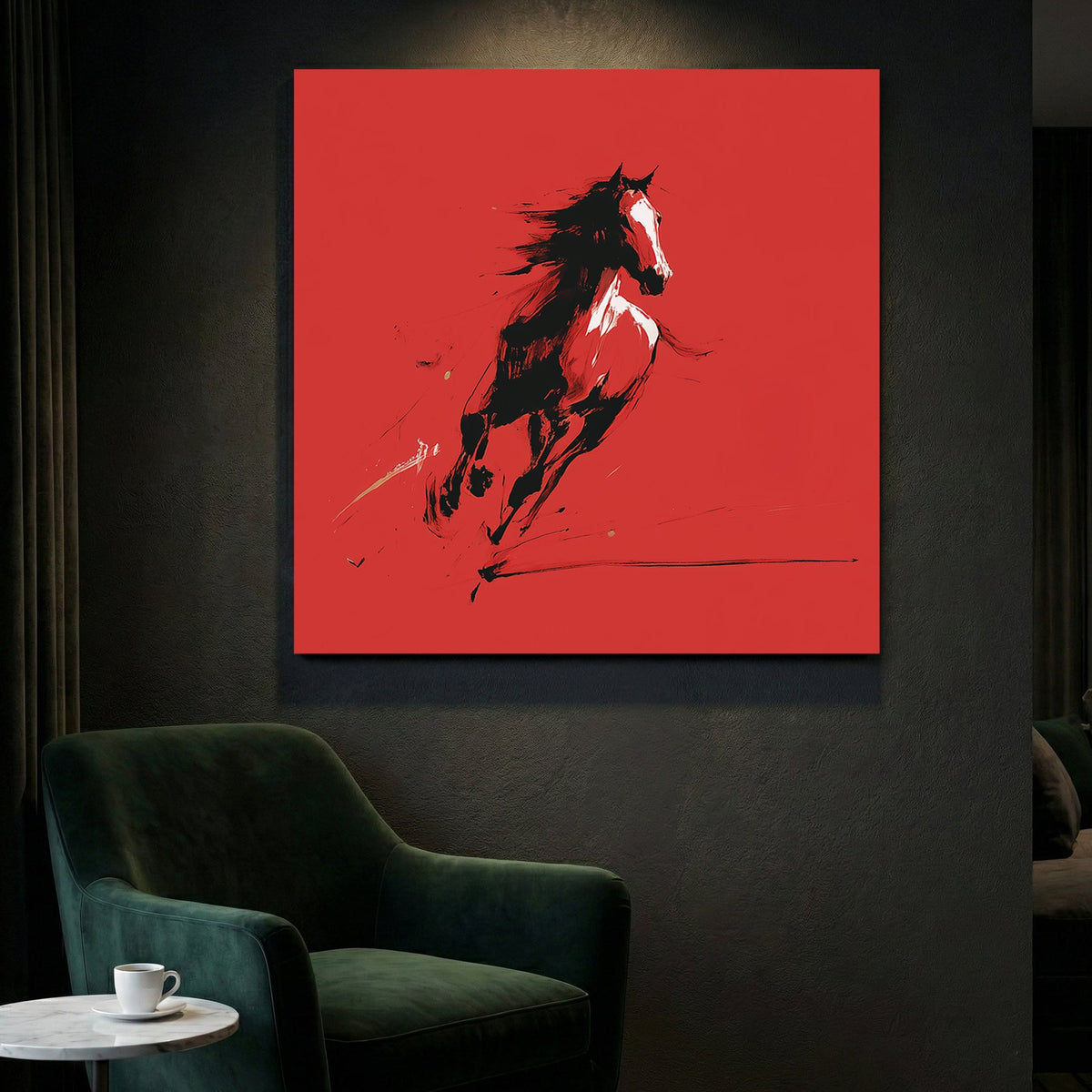 Wild horse Japanese ink art red background calligraphy wall art
