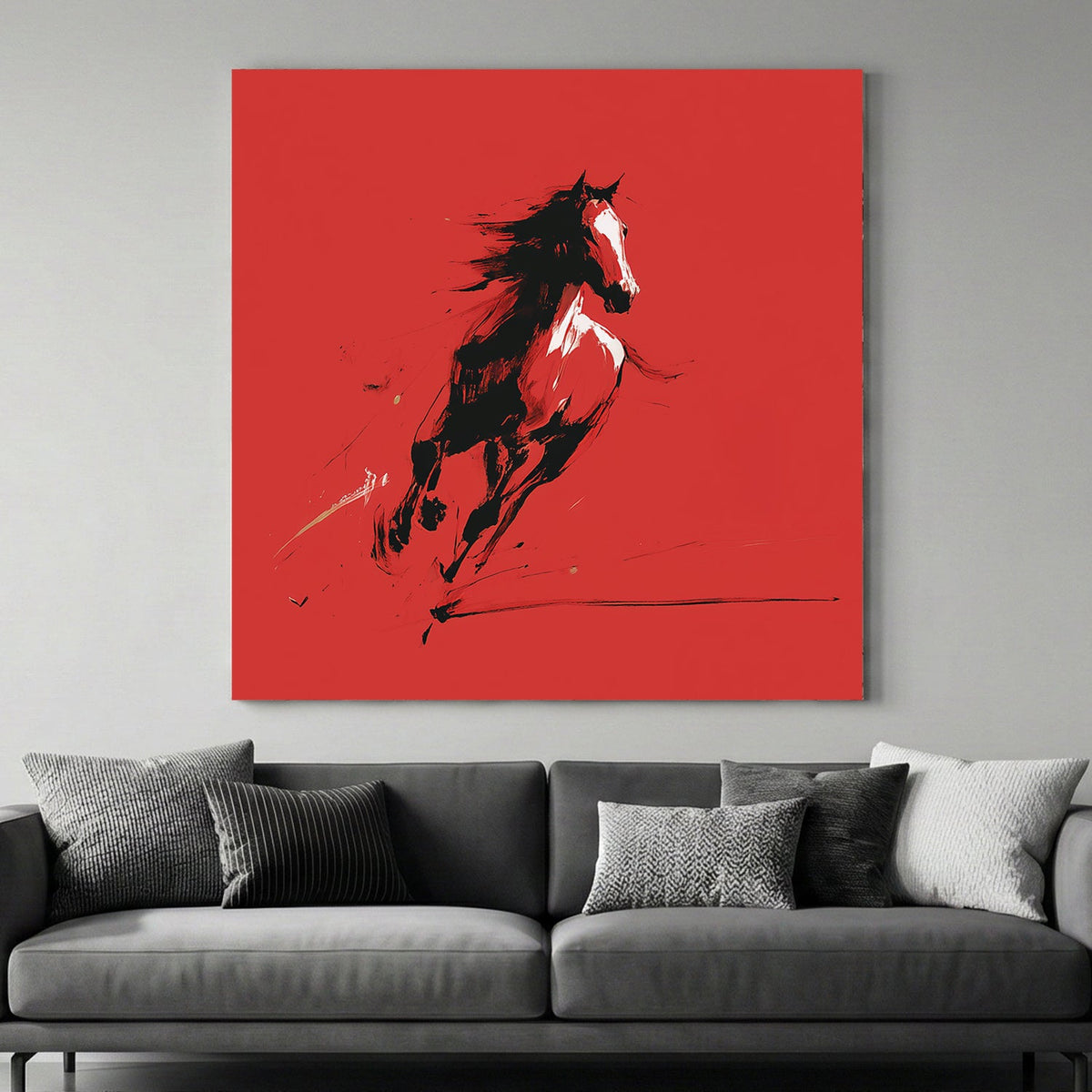 Wild horse Japanese ink art red background calligraphy wall art