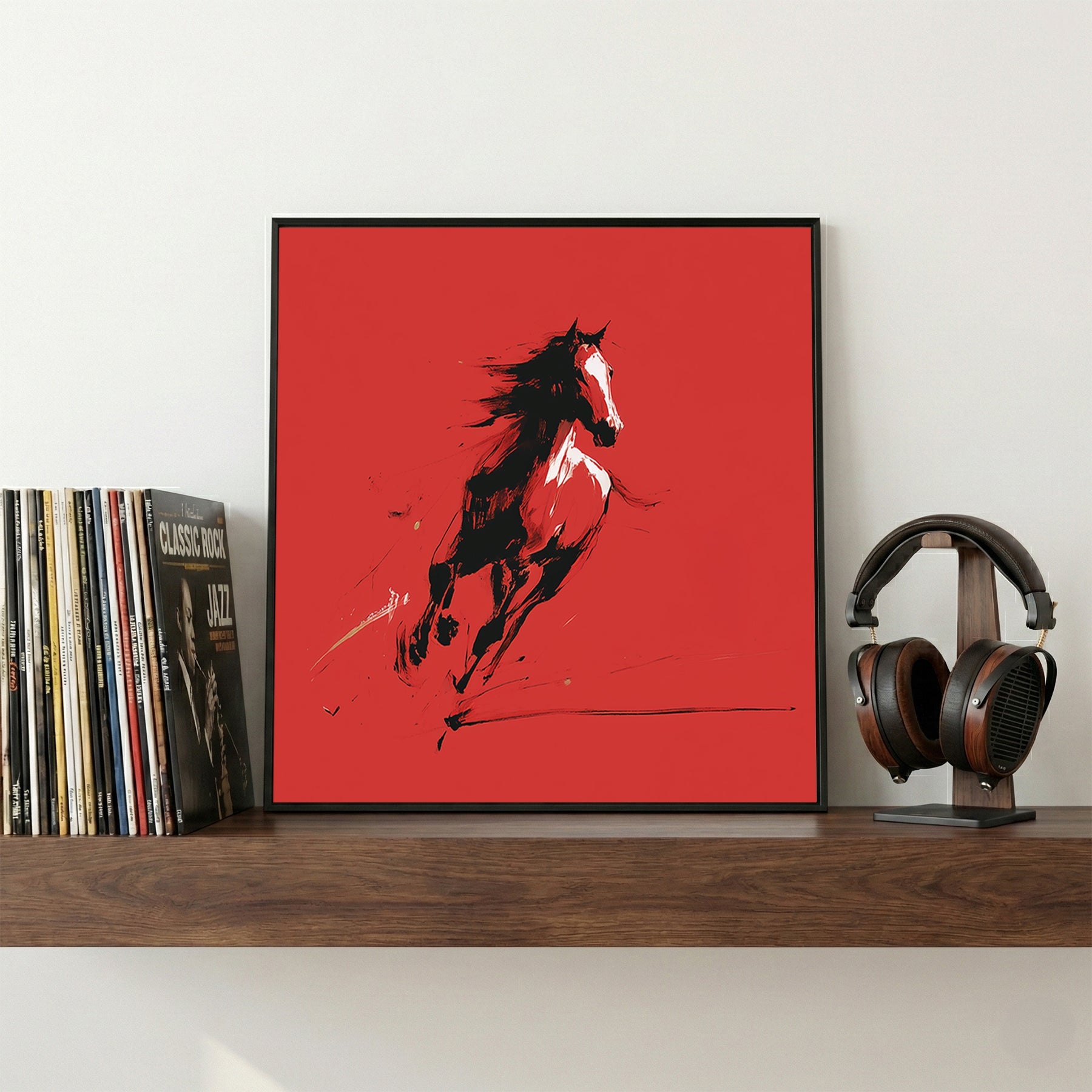 Wild horse Japanese ink art red background calligraphy wall art